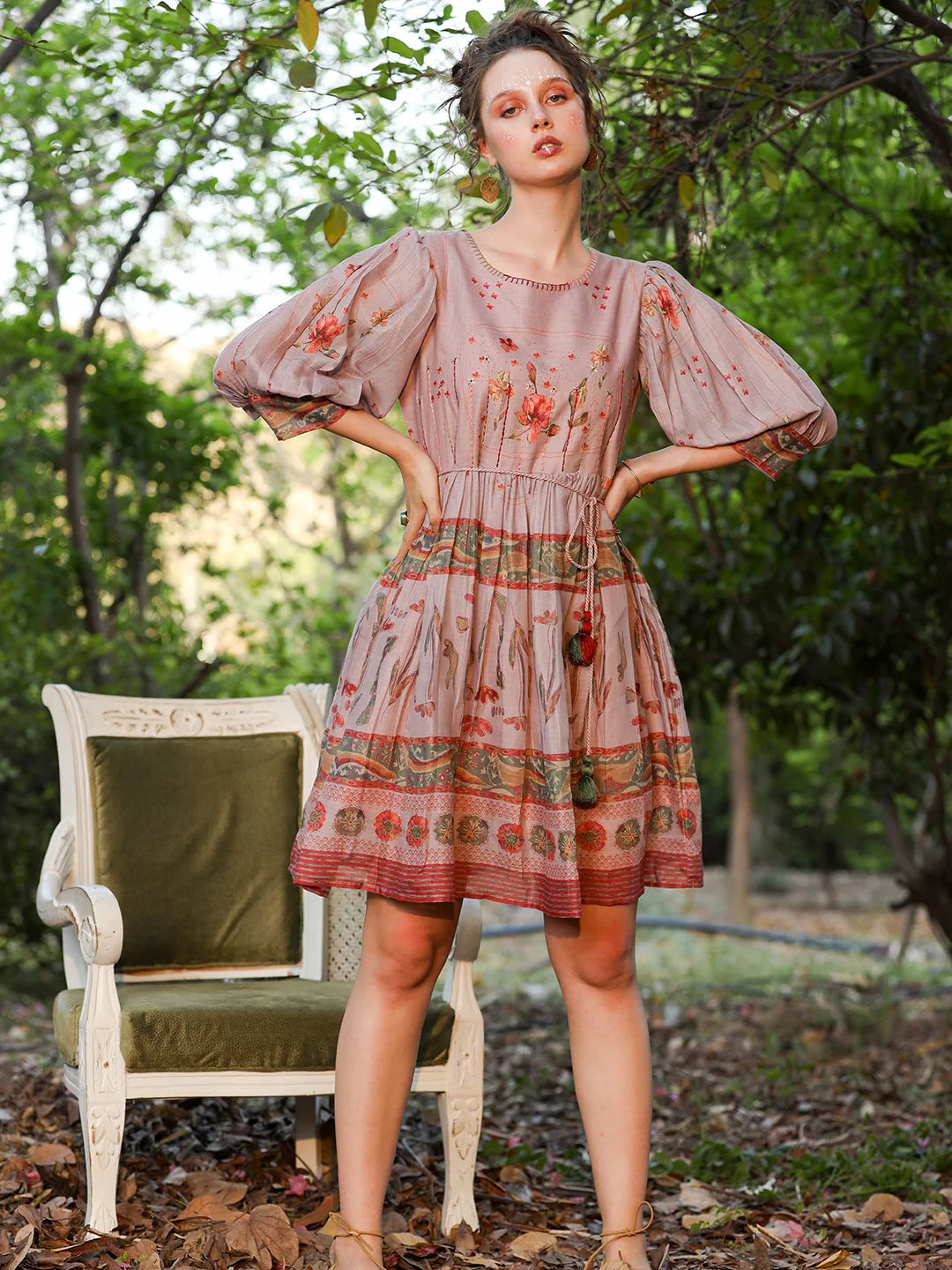 Siya WOMEN'S BEIGE BLOSSOM BREEZE: PRINTED COTTON SHORT DRESS