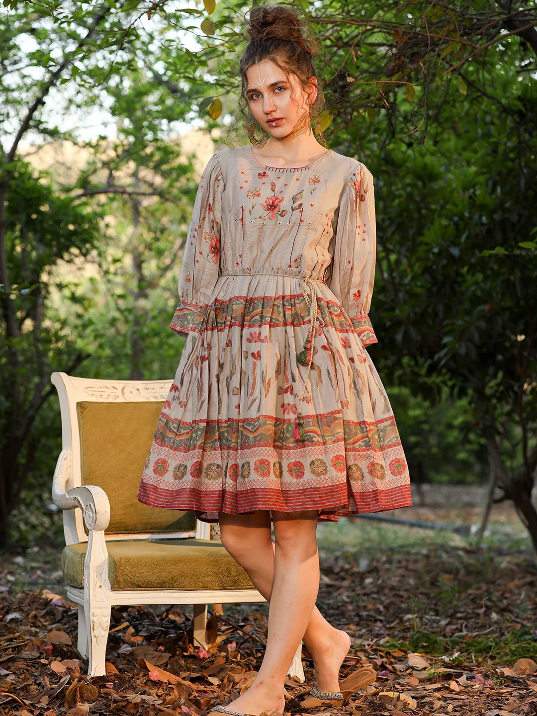 Siya WOMEN'S BEIGE BLOSSOM BREEZE: PRINTED COTTON SHORT DRESS