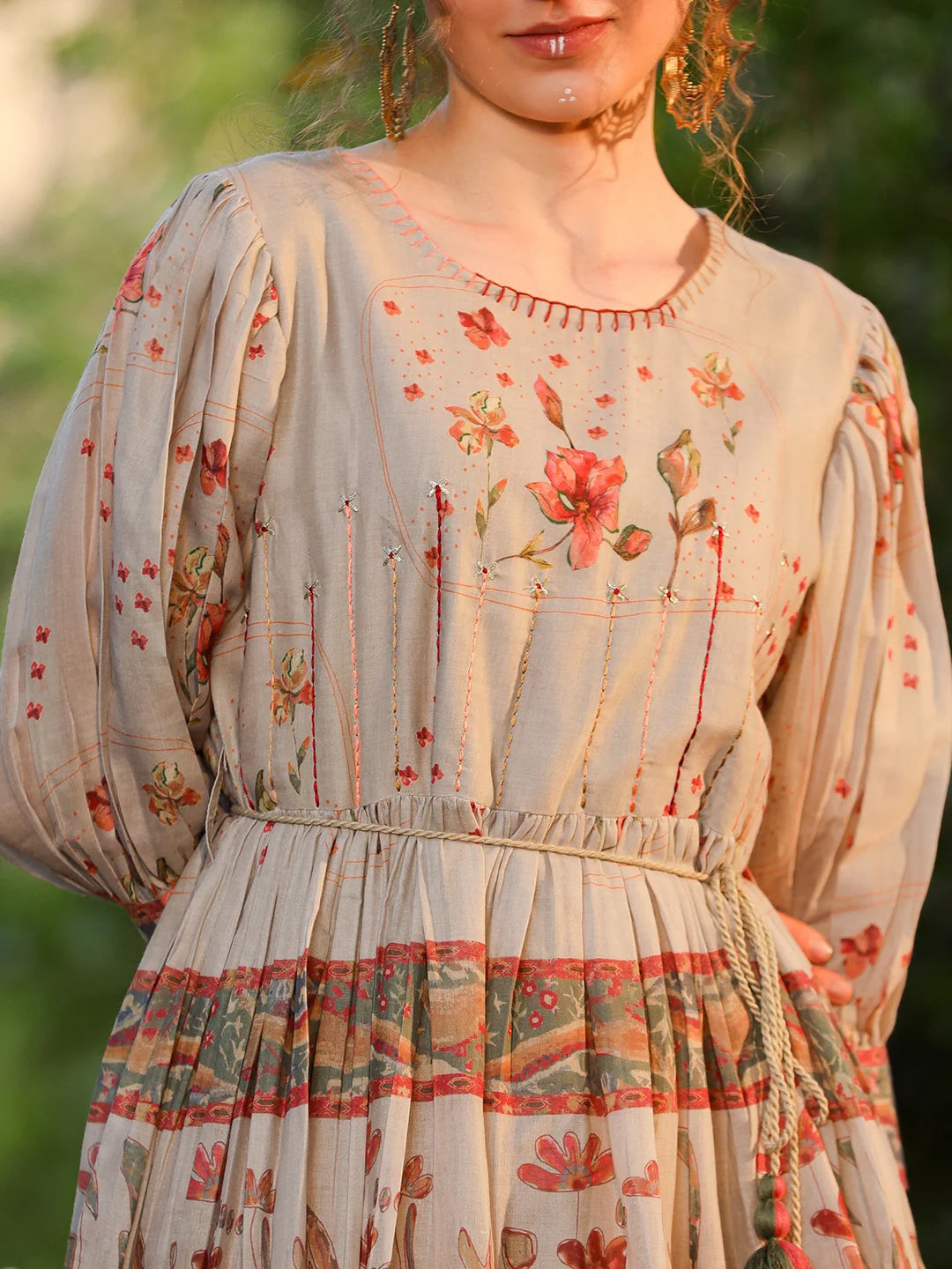 Siya WOMEN'S BEIGE BLOSSOM BREEZE: PRINTED COTTON SHORT DRESS