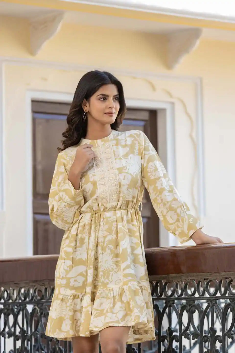 Myra Elegant Yellow Floral Fit & Flare Short Dress With Long Sleeves