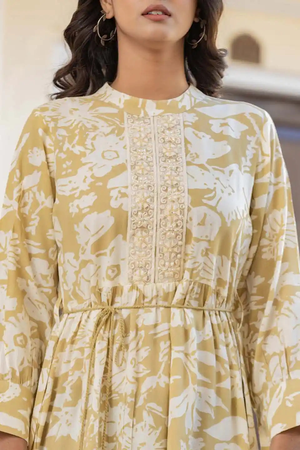 Myra Elegant Yellow Floral Fit & Flare Short Dress With Long Sleeves
