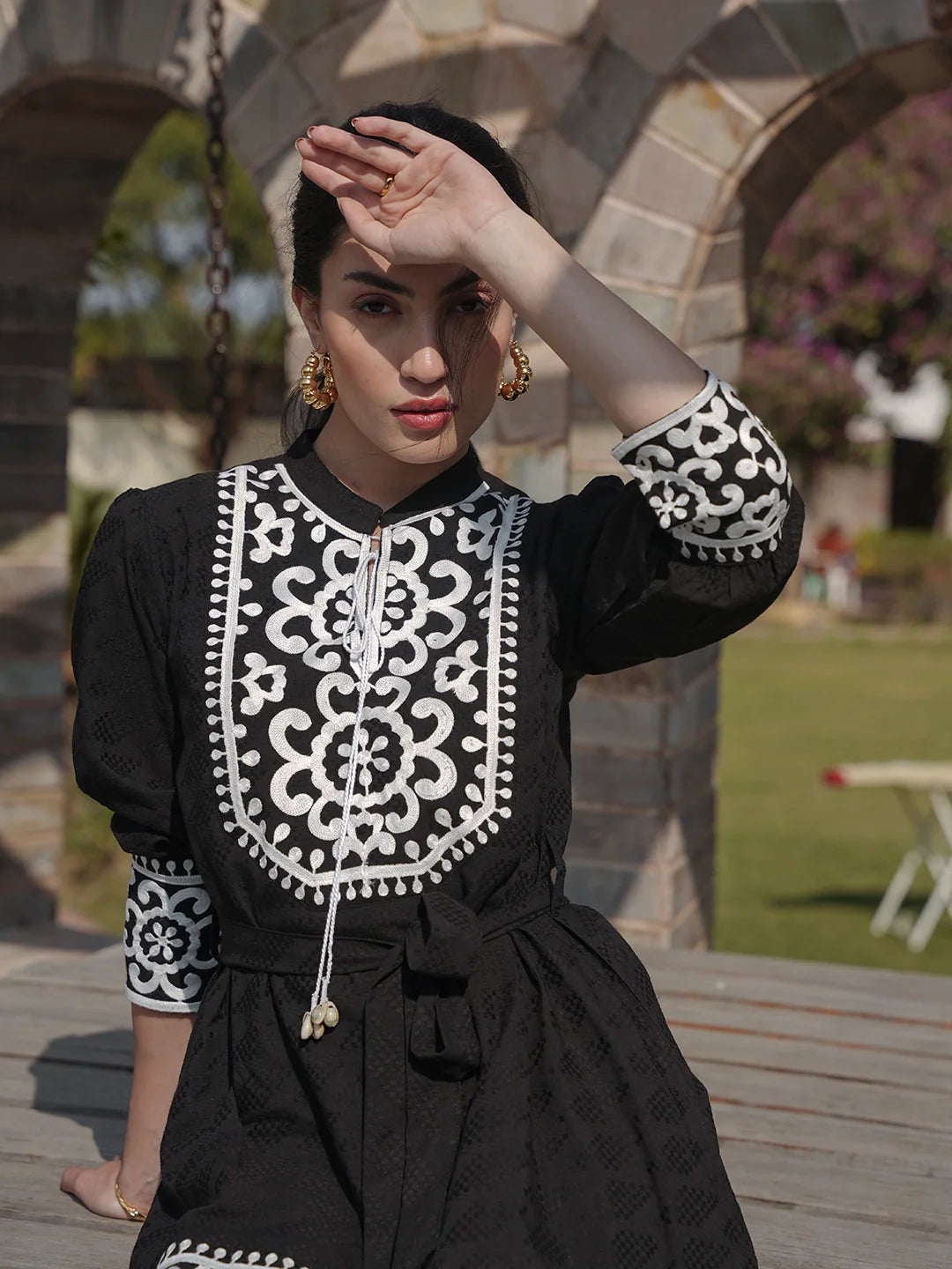 Ziva WOMEN'S BLACK MONOCHROME MUSE: BLACK SHORT DRESS WITH WHITE EMBROIDERY