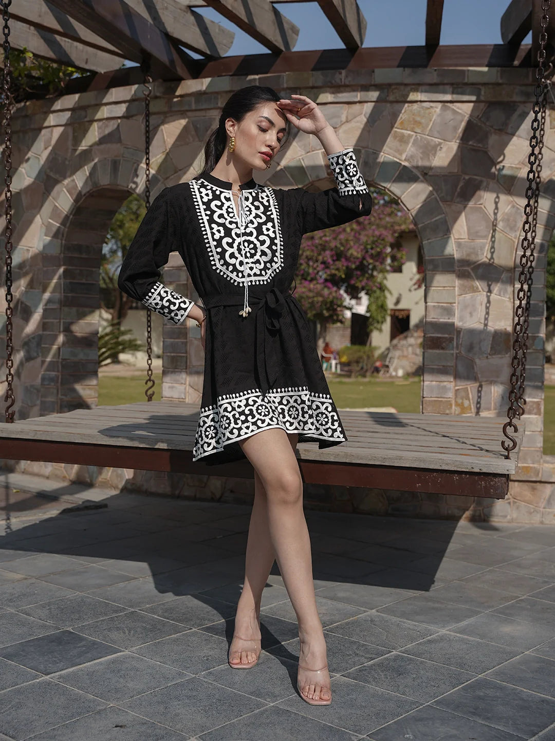 Ziva WOMEN'S BLACK MONOCHROME MUSE: BLACK SHORT DRESS WITH WHITE EMBROIDERY