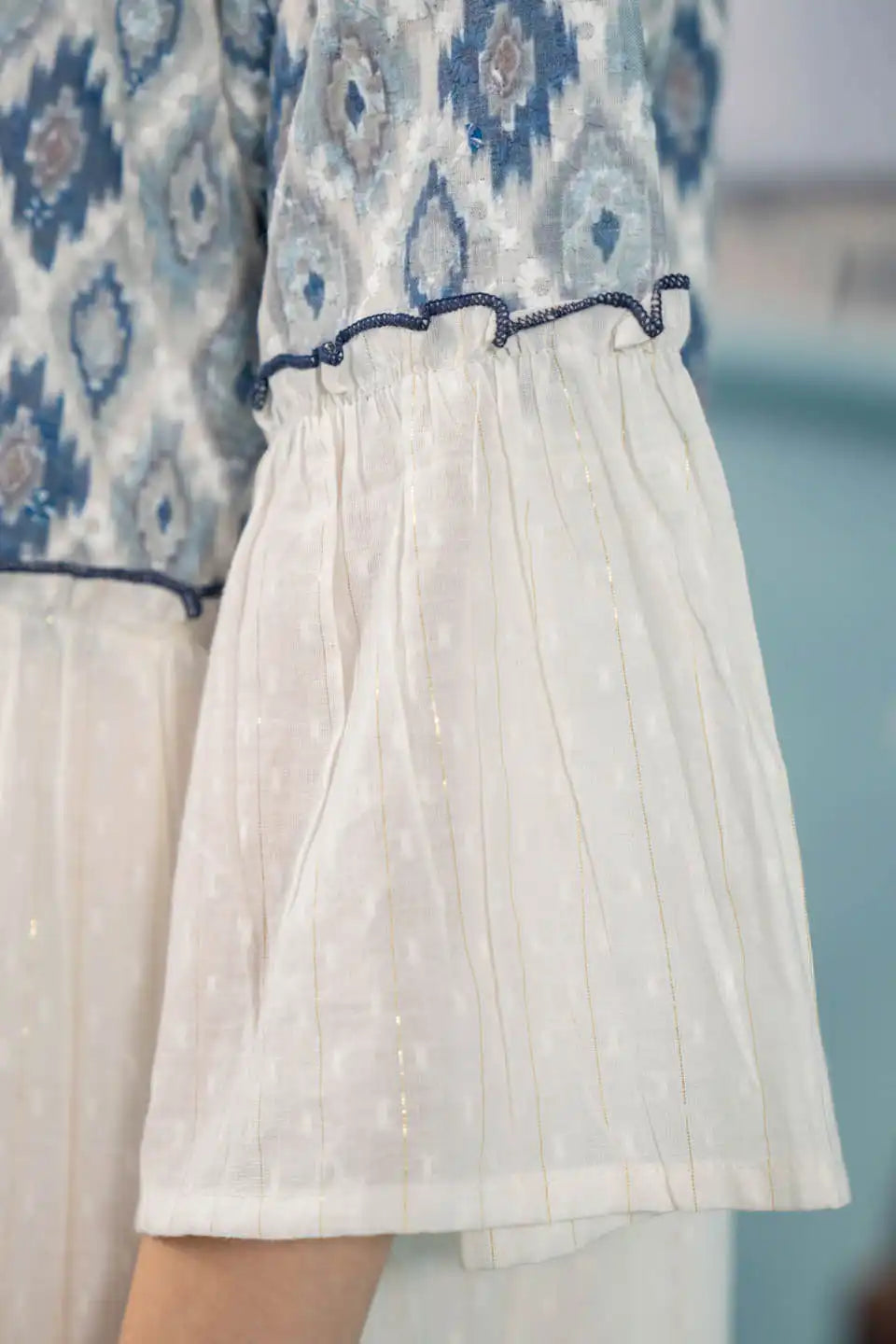 Rhea Boho Chic White & Blue Ikat Embroidered Short Dress