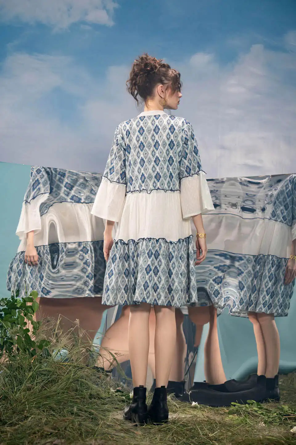 Rhea Boho Chic White & Blue Ikat Embroidered Short Dress