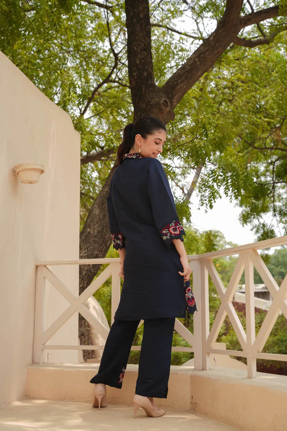 Kiara Navy Blue Embroidered Kurta Set With Floral Patterned Pants