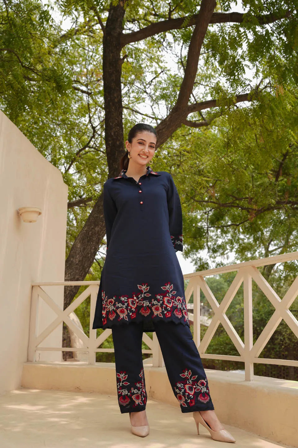 Kiara Navy Blue Embroidered Kurta Set With Floral Patterned Pants