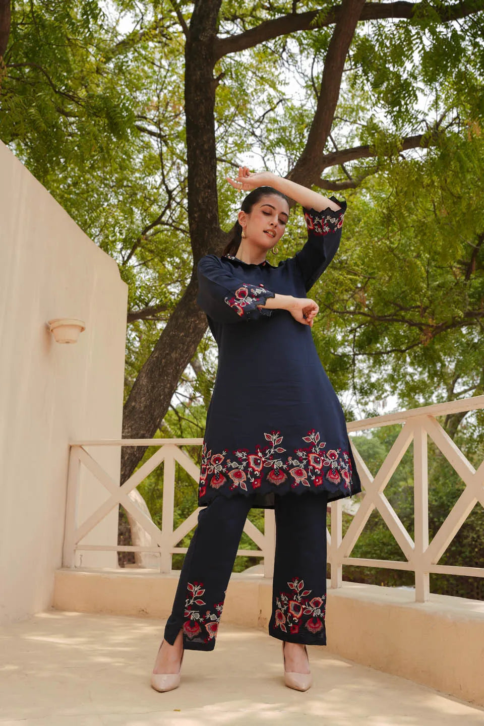 Kiara Navy Blue Embroidered Kurta Set With Floral Patterned Pants