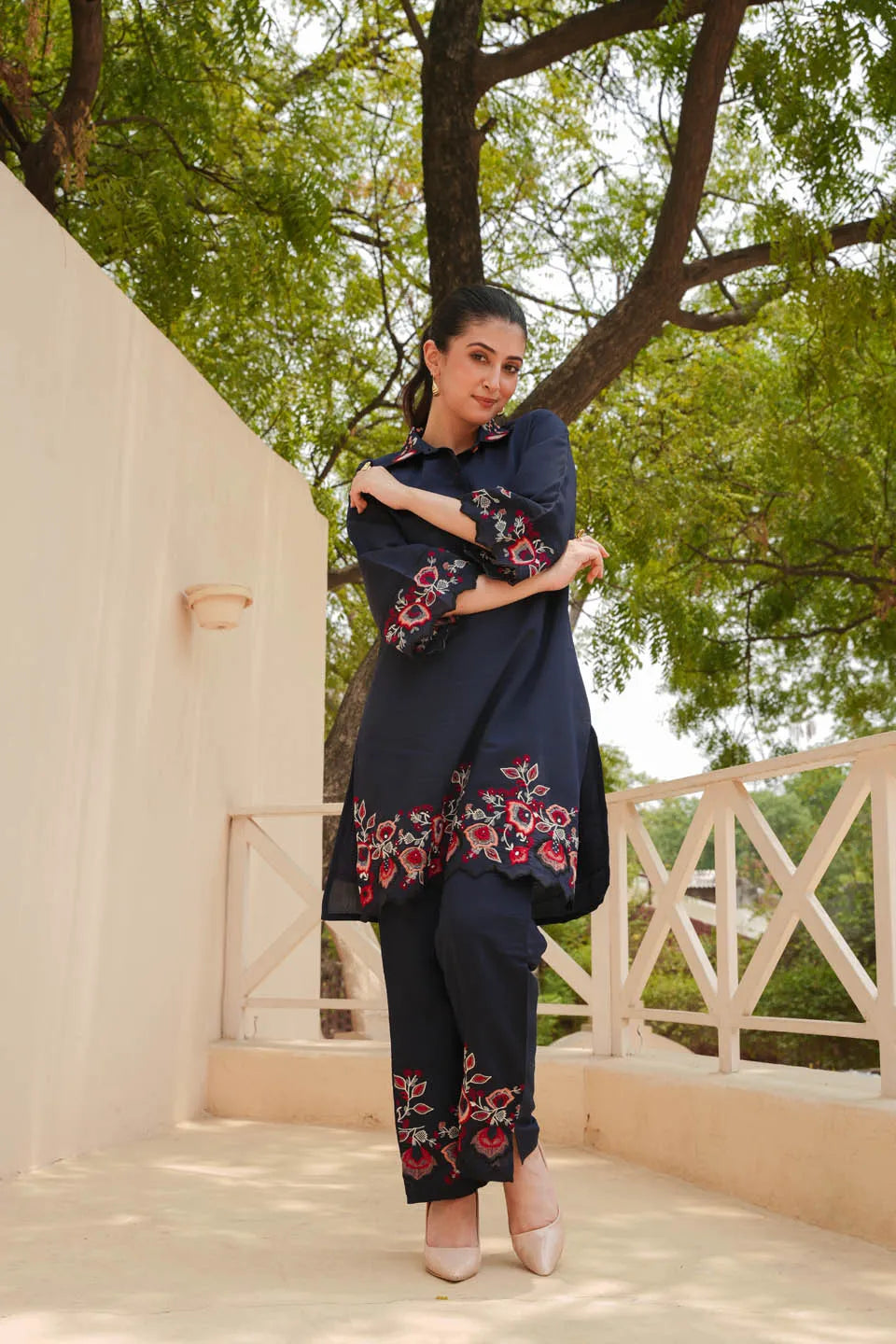 Kiara Navy Blue Embroidered Kurta Set With Floral Patterned Pants