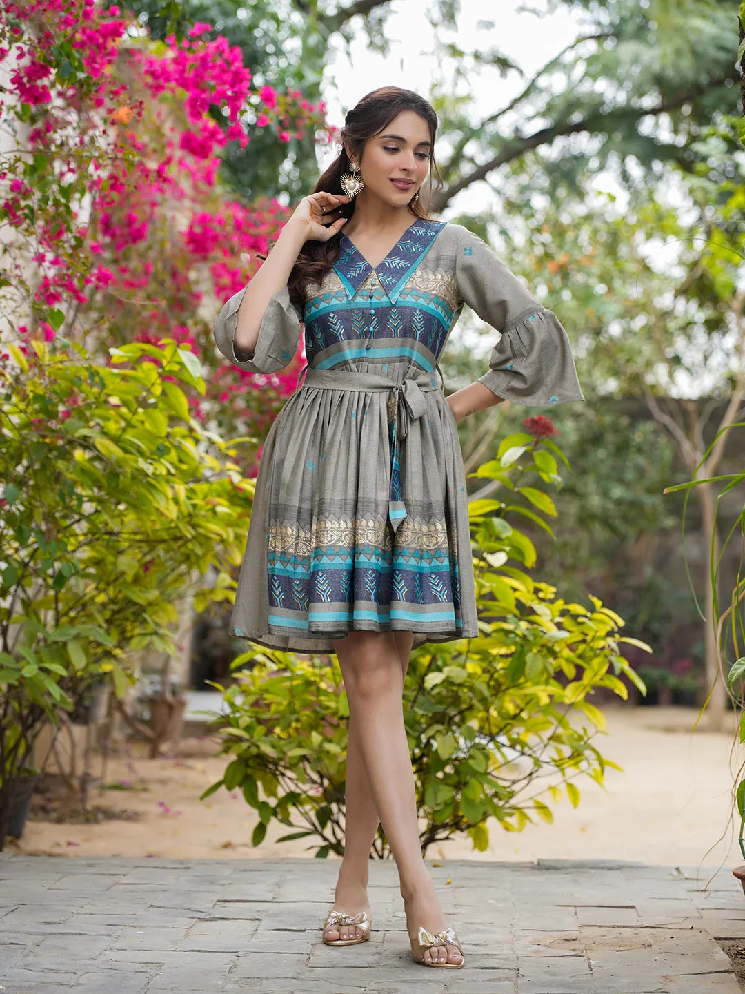 Avni WOMEN'S BLUE PRINTED COTTON SHORT DRESS