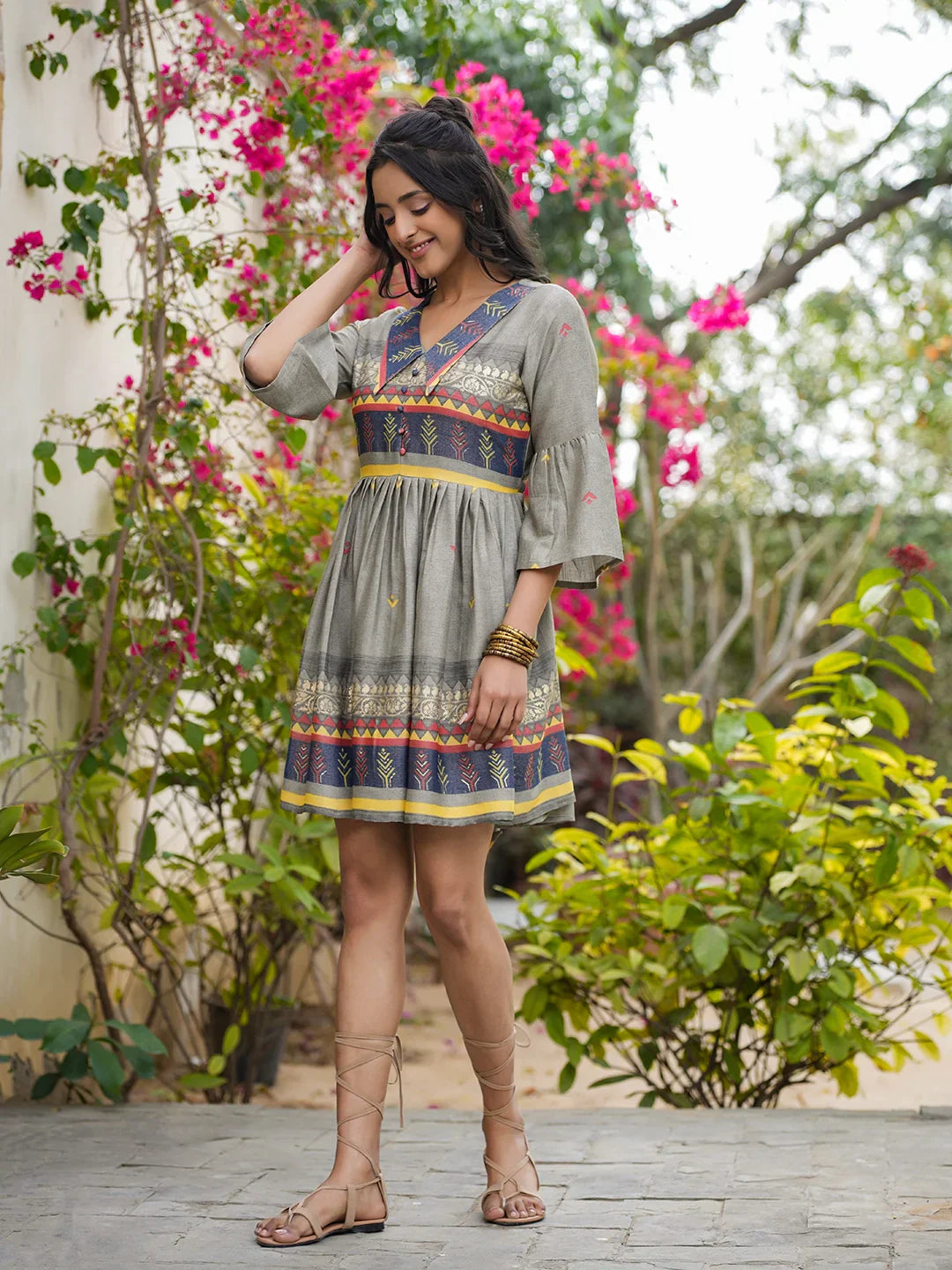 Avni WOMEN'S BLUE PRINTED COTTON SHORT DRESS