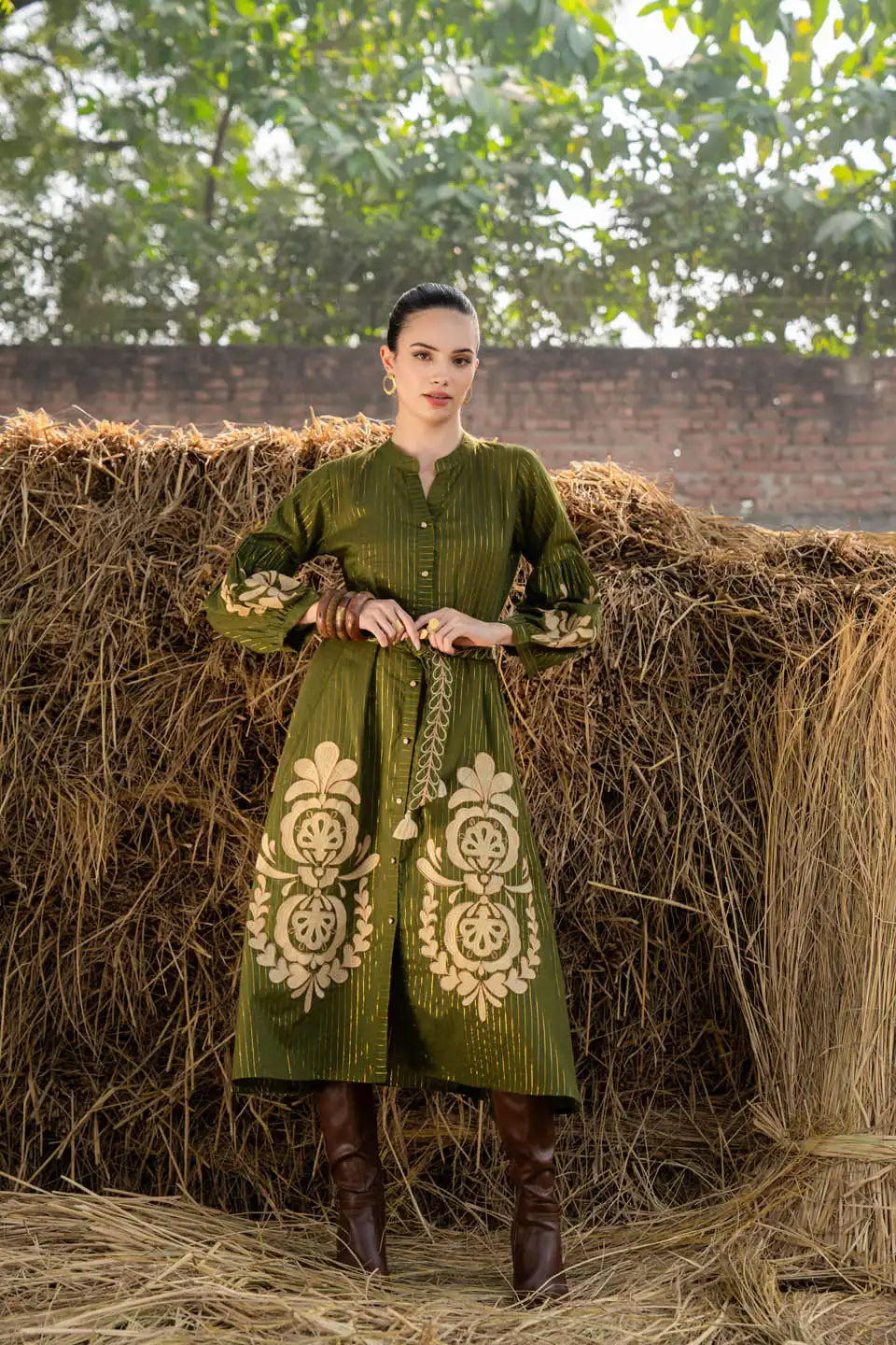 Aira Olive Green Embroidered Midi Dress