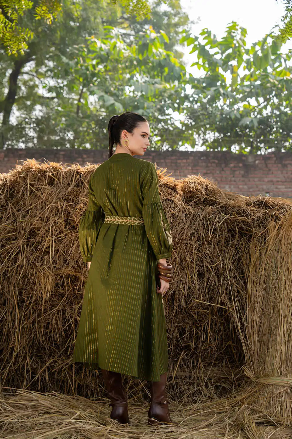 Aira Olive Green Embroidered Midi Dress