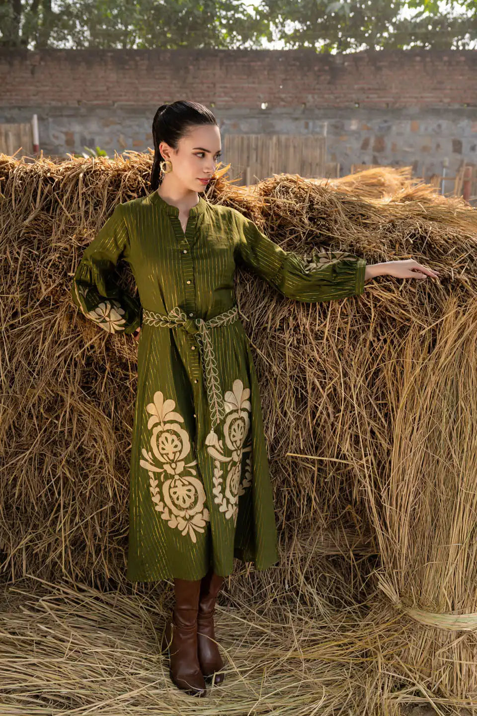 Aira Olive Green Embroidered Midi Dress