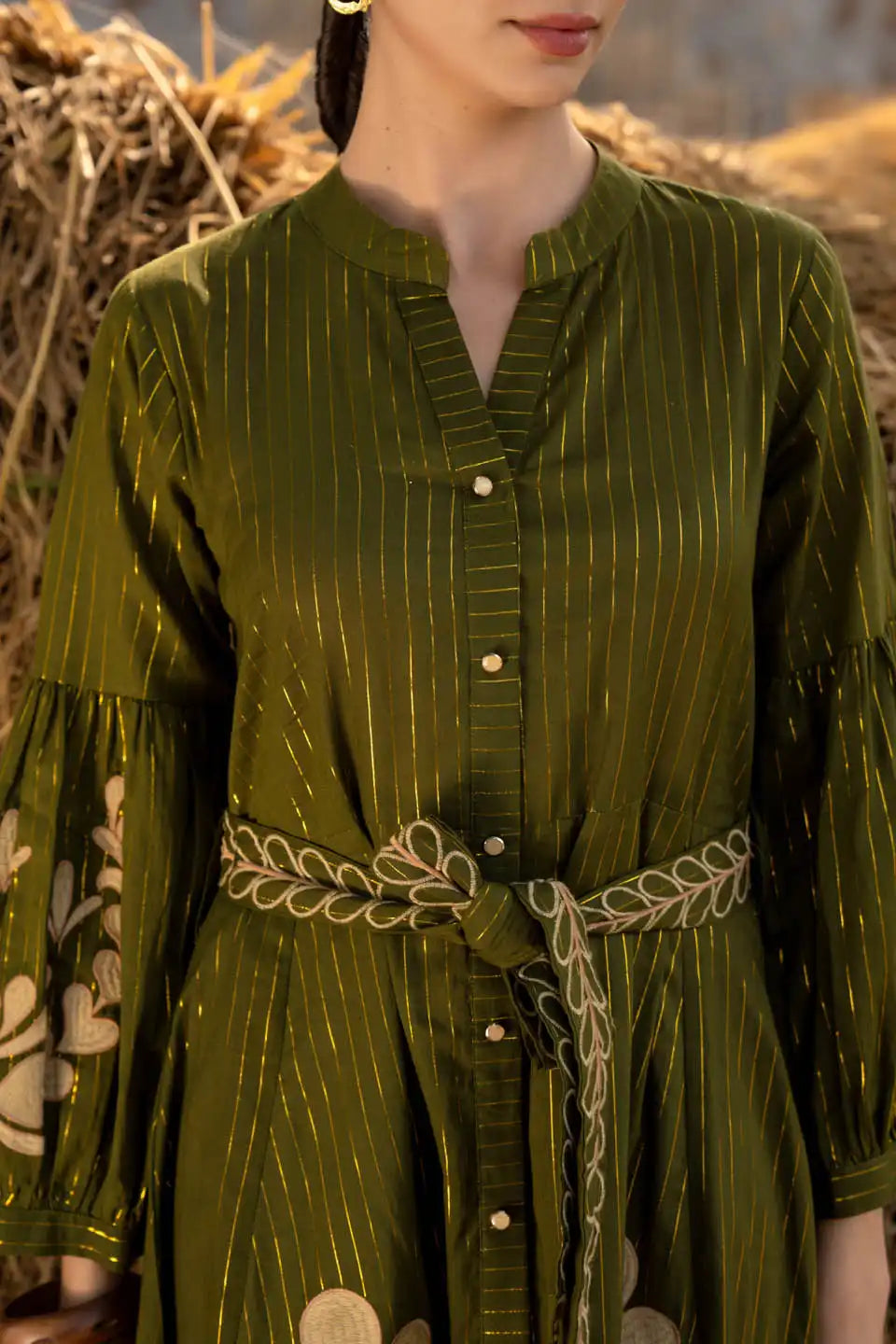 Aira Olive Green Embroidered Midi Dress