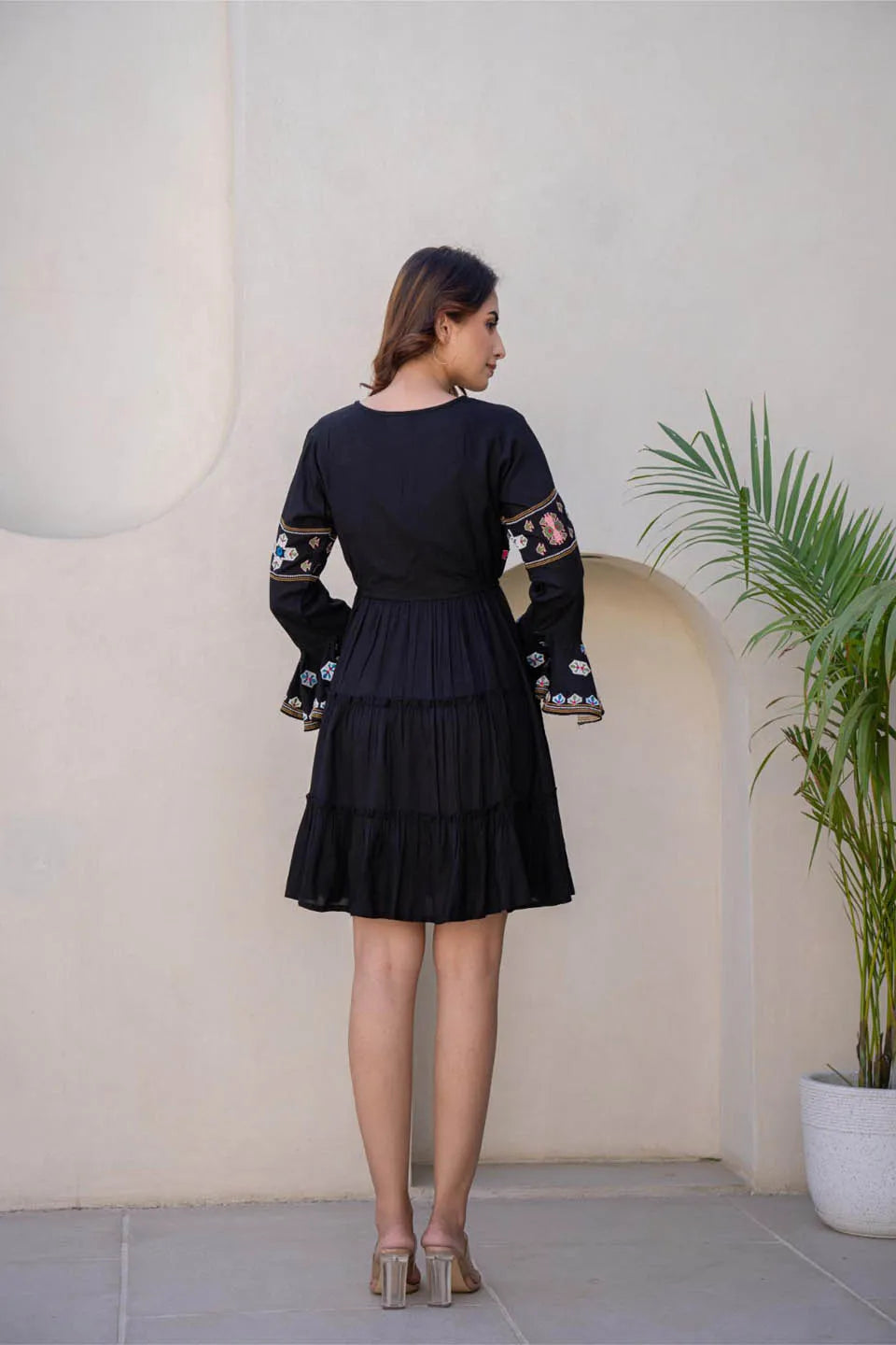 Siya WOMEN'S COTTON SHORT DRESS IN BLACK WITH EMBROIDERY WORK
