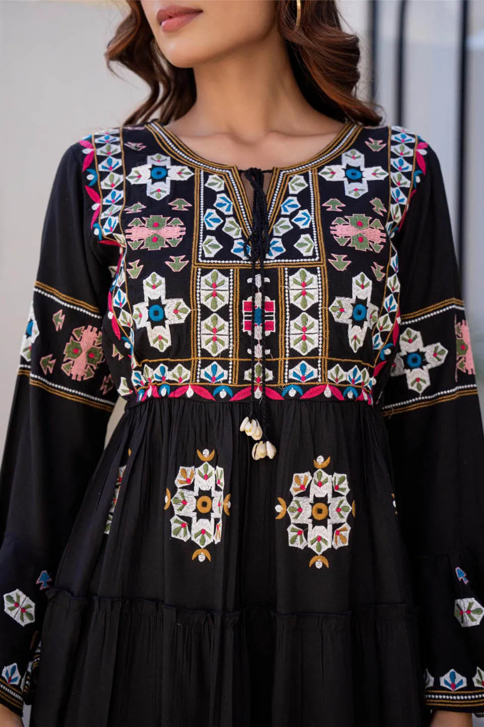 Siya WOMEN'S COTTON SHORT DRESS IN BLACK WITH EMBROIDERY WORK