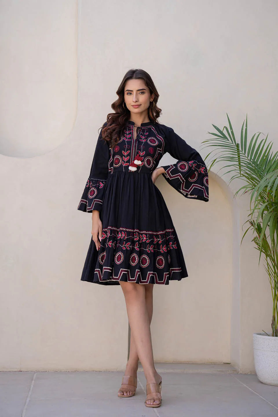 Inaaya TIE-UP NECK BELL SLEEVE FIT & FLARE SHORT DRESS IN BROWN & BLACK FOR WOMEN