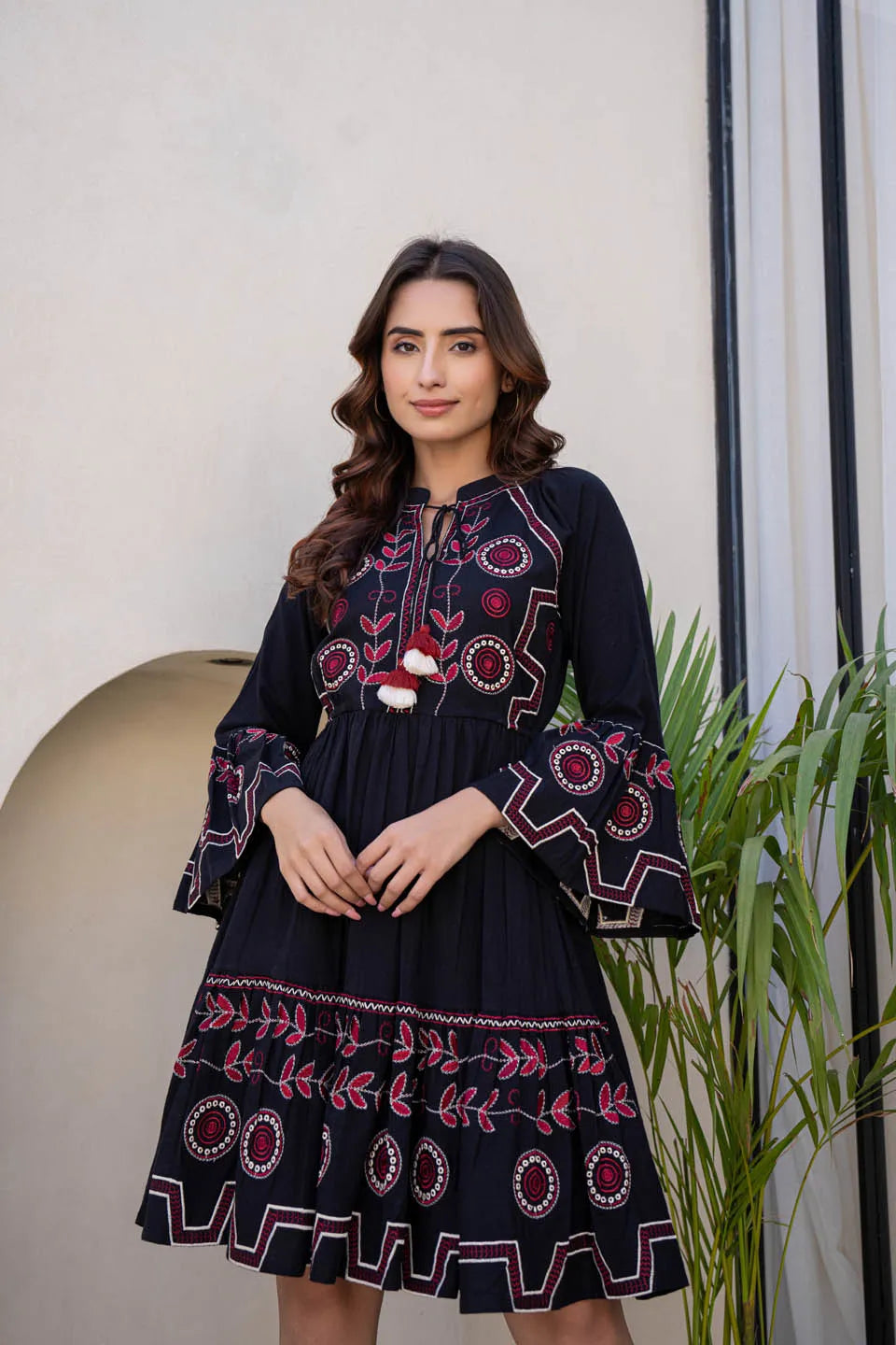 Inaaya TIE-UP NECK BELL SLEEVE FIT & FLARE SHORT DRESS IN BROWN & BLACK FOR WOMEN