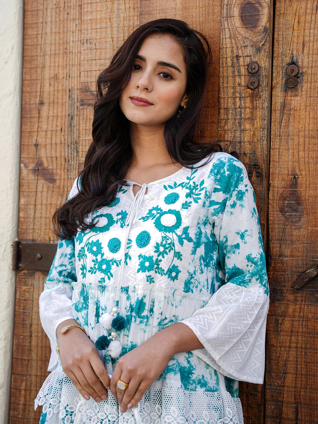 Myra WOMEN'S WHITE OCEAN PETALS: COTTON SHORT DRESS WITH BLUE EMBROIDERY