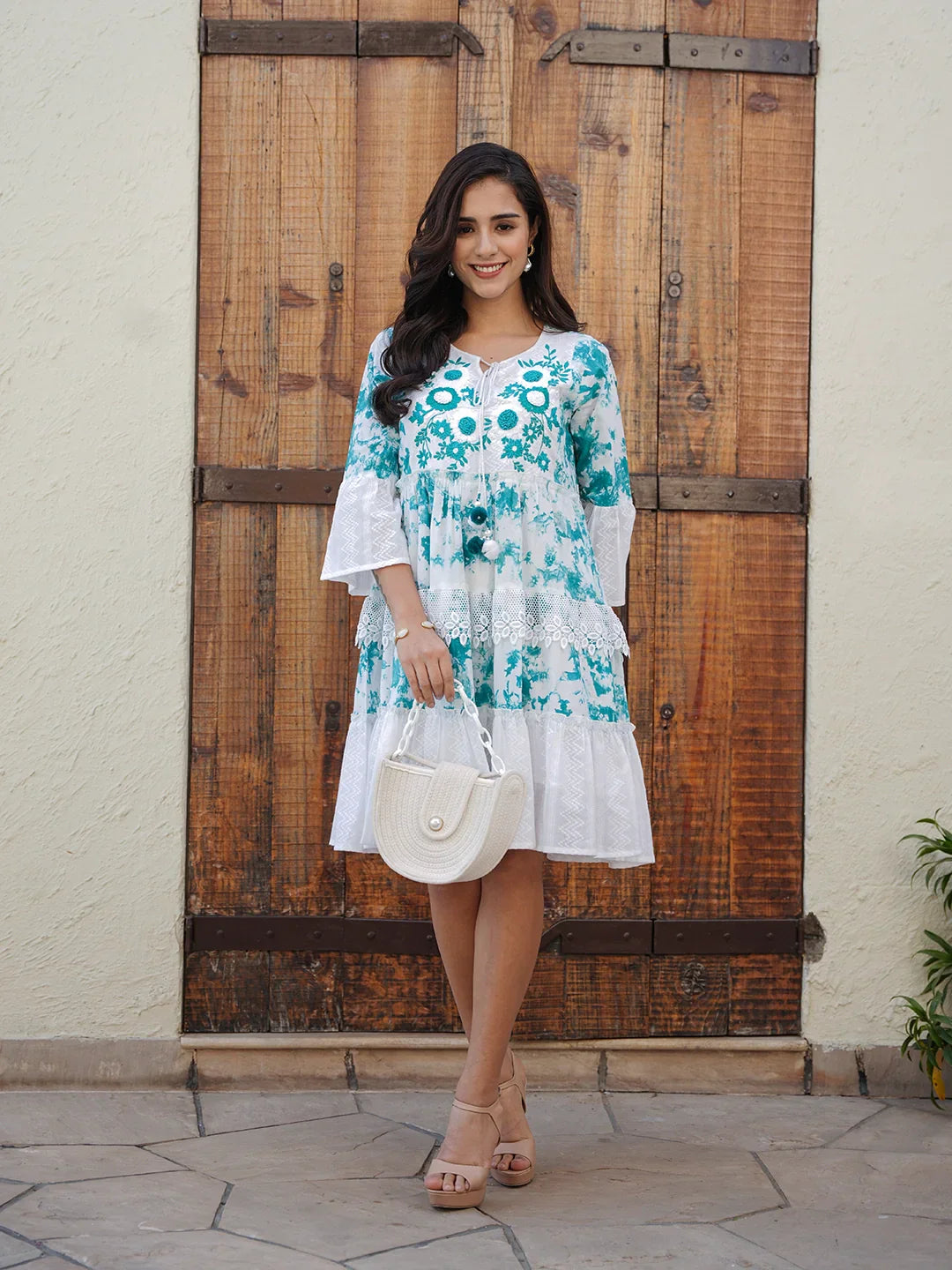 Myra WOMEN'S WHITE OCEAN PETALS: COTTON SHORT DRESS WITH BLUE EMBROIDERY