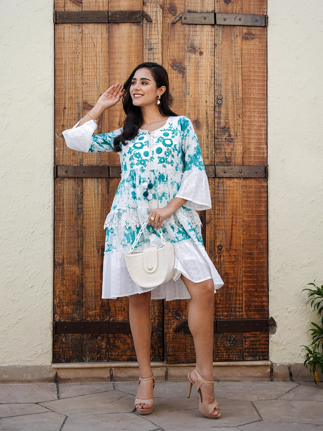 Myra WOMEN'S WHITE OCEAN PETALS: COTTON SHORT DRESS WITH BLUE EMBROIDERY