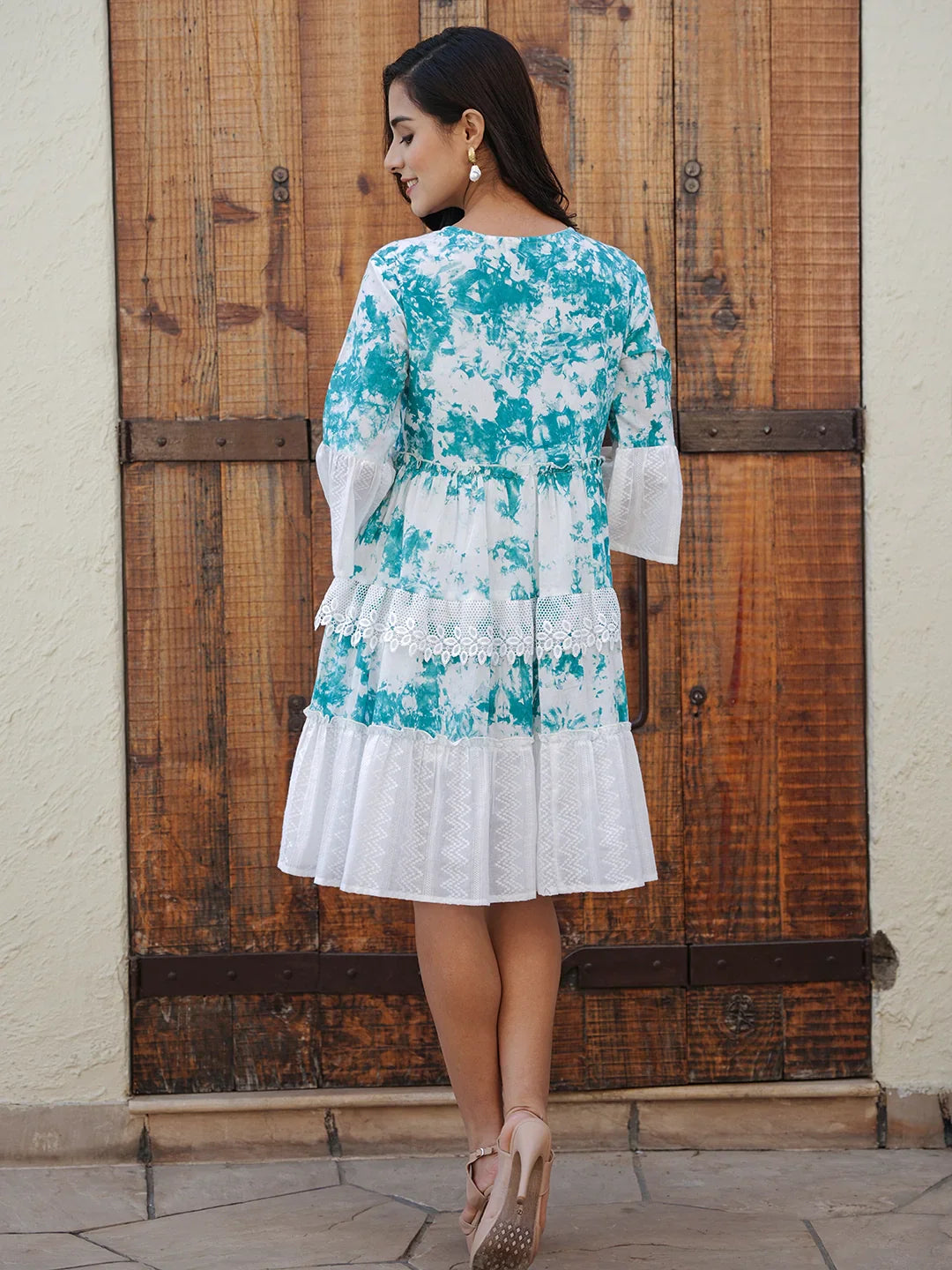 Myra WOMEN'S WHITE OCEAN PETALS: COTTON SHORT DRESS WITH BLUE EMBROIDERY