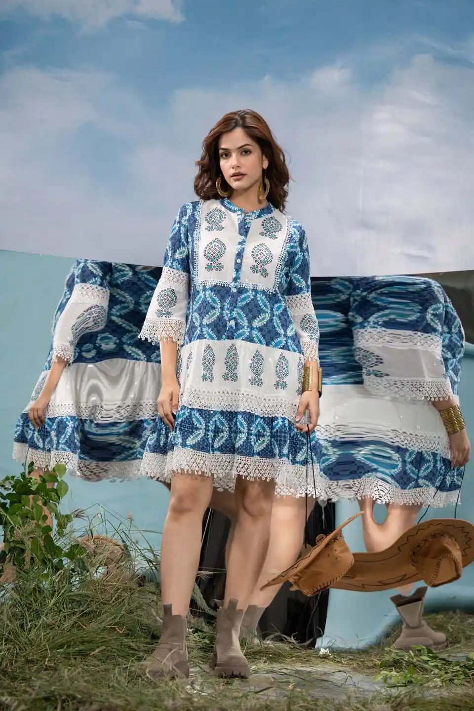 Inaaya Trendy Boho Short Dress With Lace Detailing