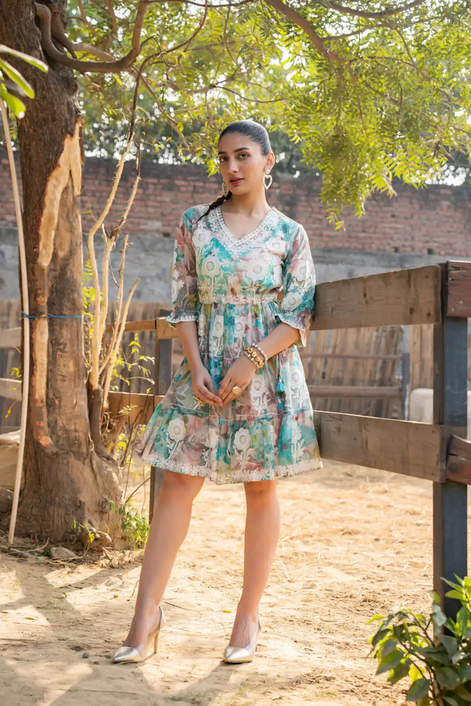 Naira Elegant Floral Print A-Line Dress With Lace Detailing & V-Neck