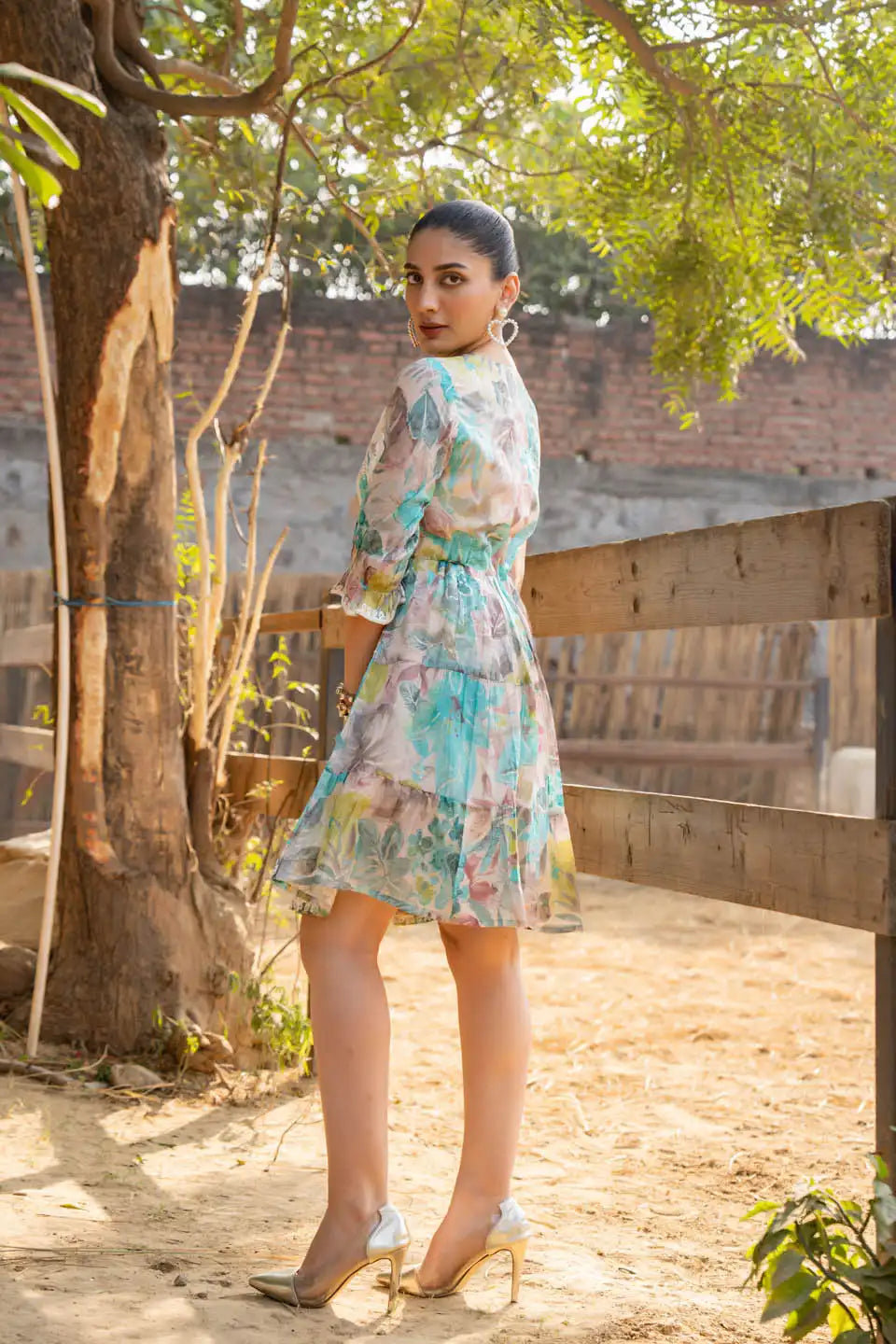 Naira Elegant Floral Print A-Line Dress With Lace Detailing & V-Neck