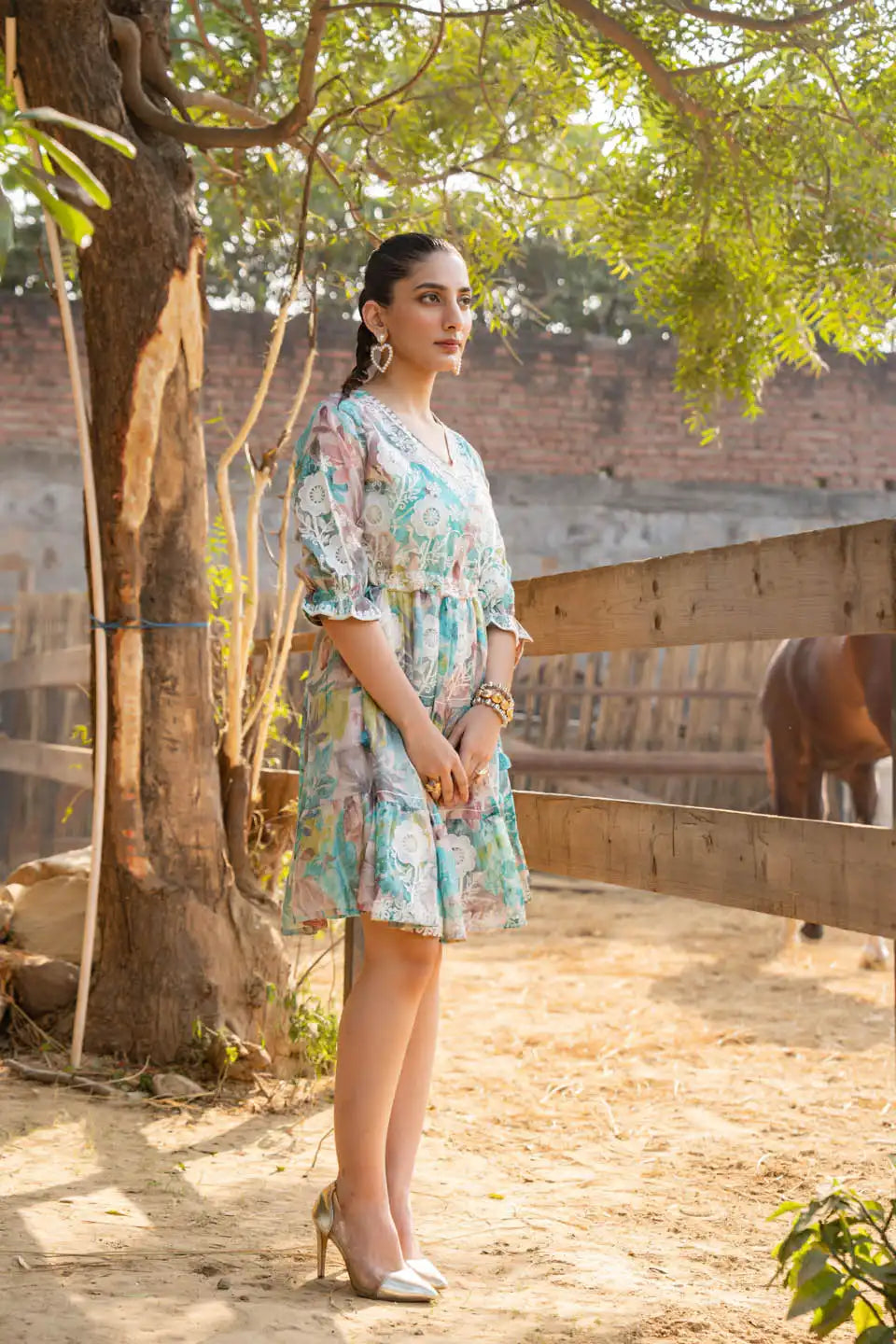 Naira Elegant Floral Print A-Line Dress With Lace Detailing & V-Neck