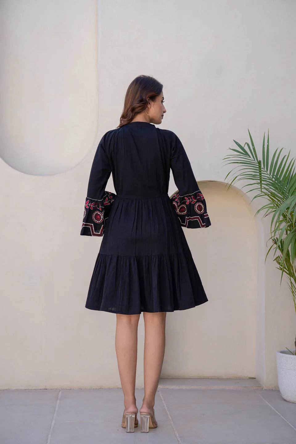 Inaaya TIE-UP NECK BELL SLEEVE FIT & FLARE SHORT DRESS IN BROWN & BLACK FOR WOMEN