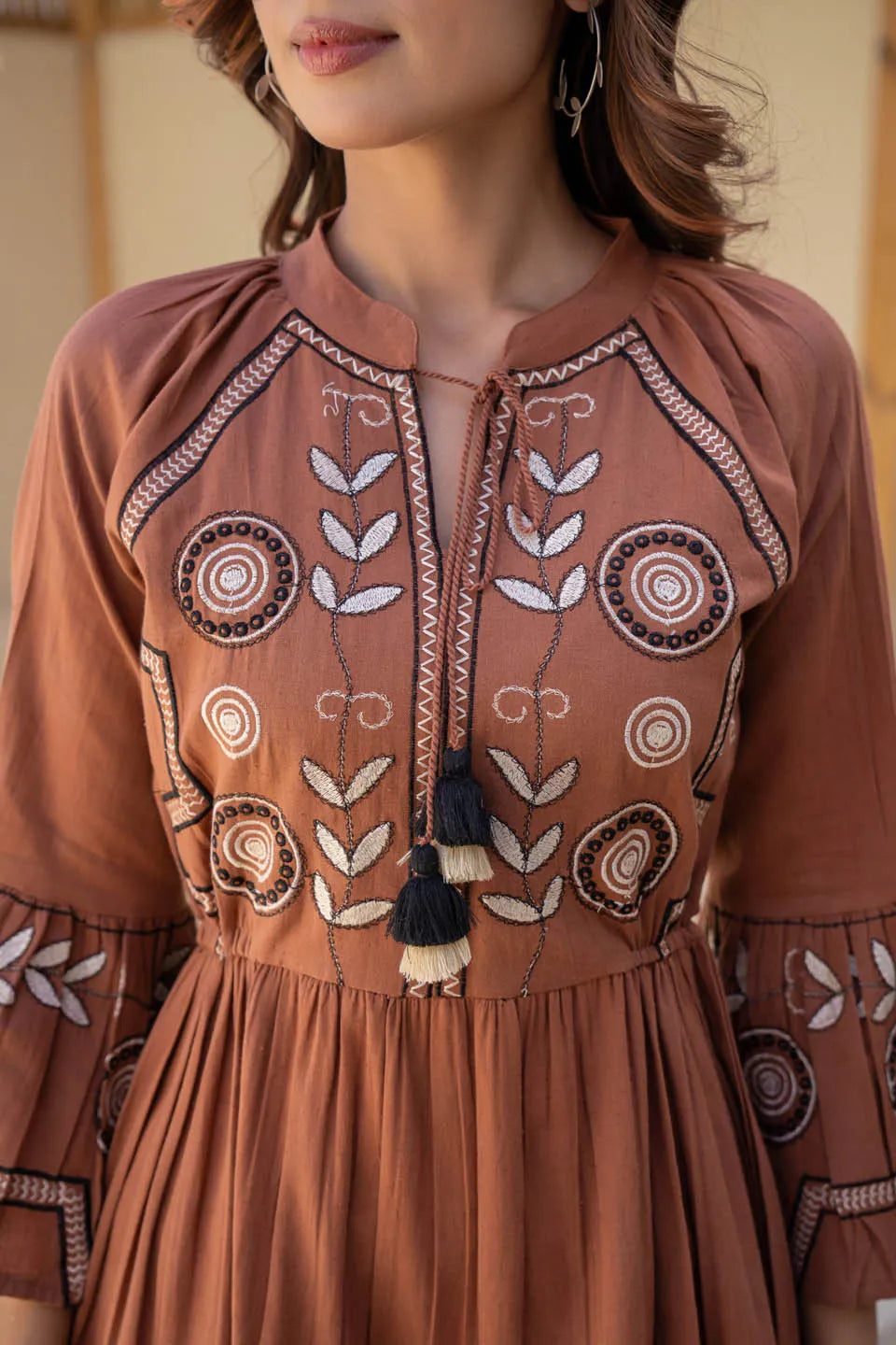 Inaaya TIE-UP NECK BELL SLEEVE FIT & FLARE SHORT DRESS IN BROWN & BLACK FOR WOMEN